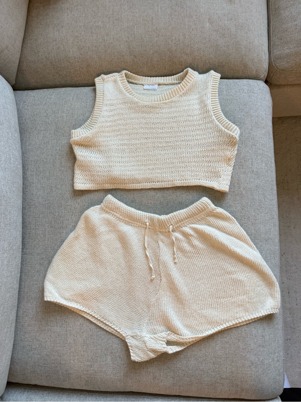 Sisters&Seekers Knit Set, Crop-Top & High-Waist Cream Lounge Shorts